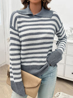 Hazel Blues® |  Striped Collared Neck Long Sleeve Sweater