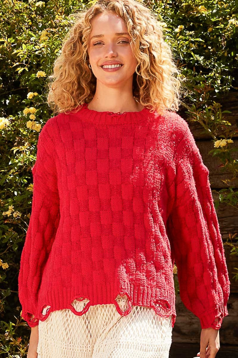 Hazel Blues® |  POL Checkered Distressed Edge Sweater