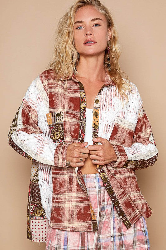 Hazel Blues® |  POL Crochet Plaid Patchwork Button Up Shirt