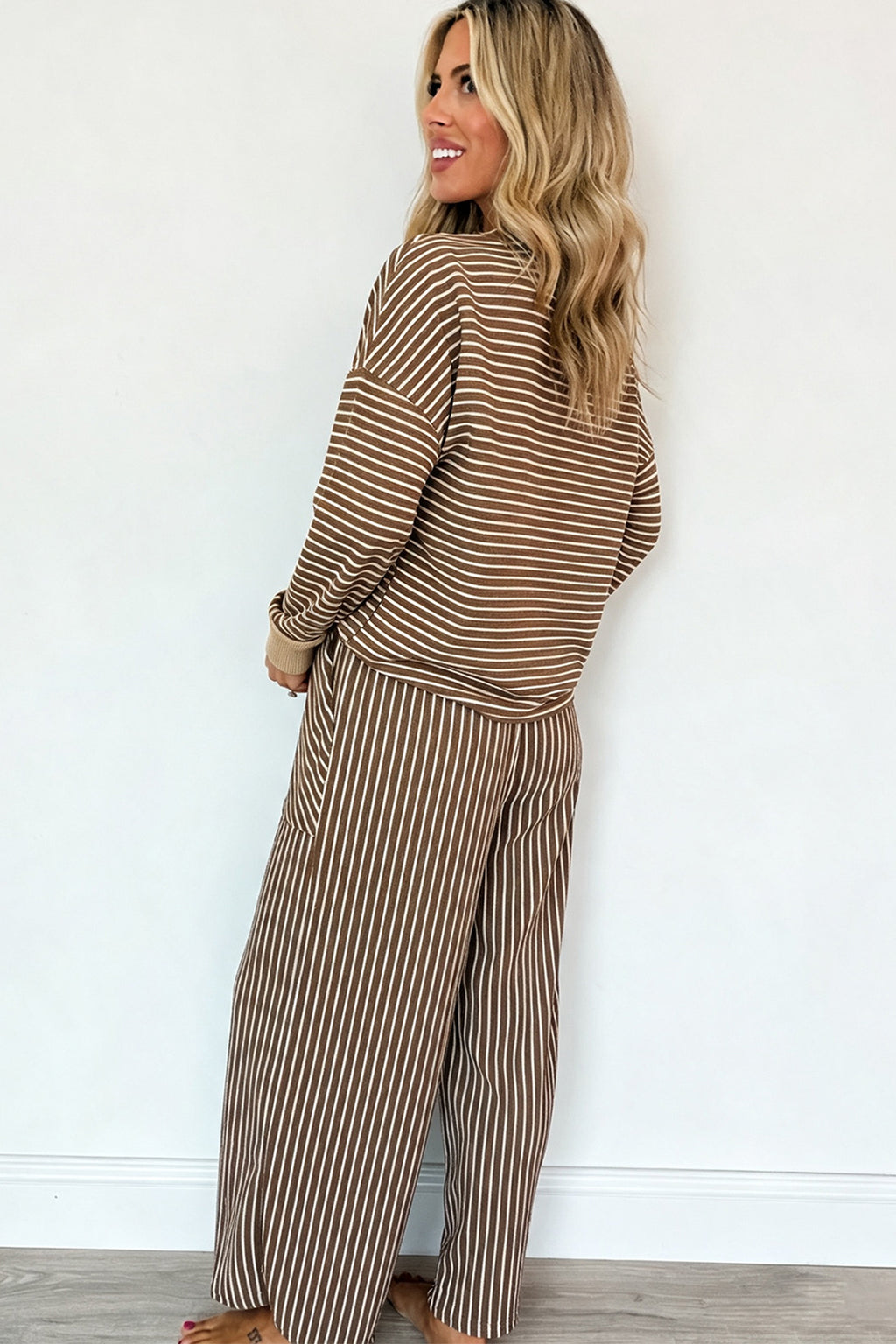Brown Stripe Twist-Front Top and Pants Set
