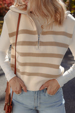 Hazel Blues® |  Khaki Stripe Ribbed Half Zip Collared Sweater Vest