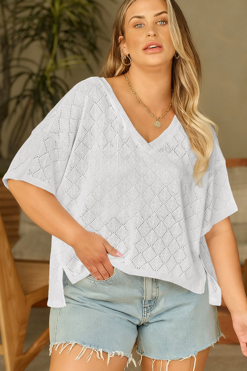 Pointelle Rhombus Knit V-Neck Loose Top | V-Neck Top – Hazel Blues®