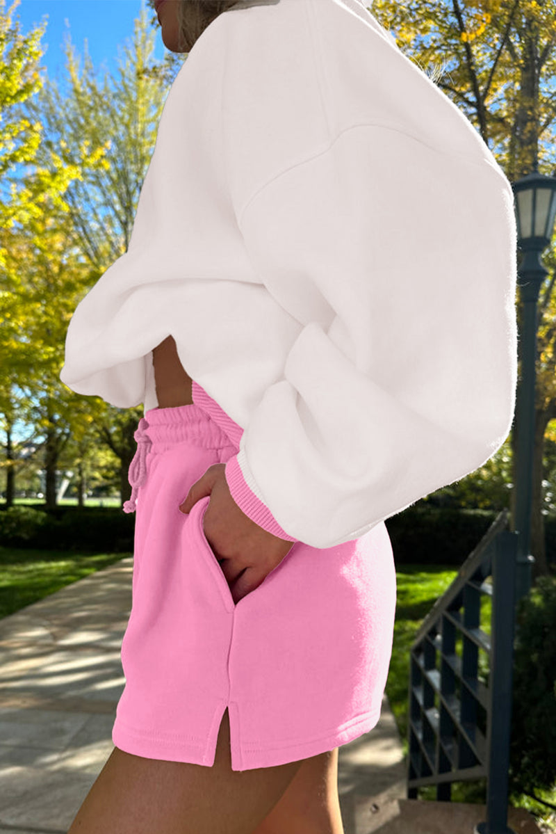 Hazel Blues® |  Strawberry Pink Color Block Pullover and Lace-up Elastic Waist Shorts Set
