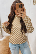 Hazel Blues® |  Khaki Check Pattern Turtleneck Ribbed Slim Long Sleeve Tee