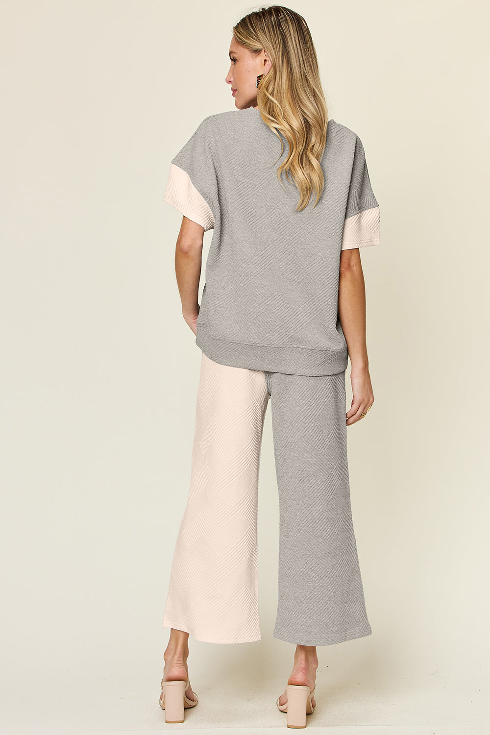 Hazel Blues® |  Double Take Texture Contrast T-Shirt and Wide Leg Pants Set