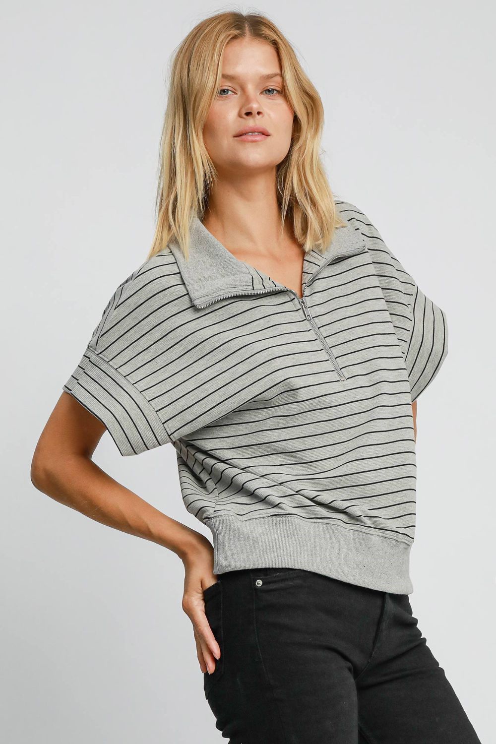 Hazel Blues® |  Umgee Striped Half Zip Short Sleeve Sweatshirt