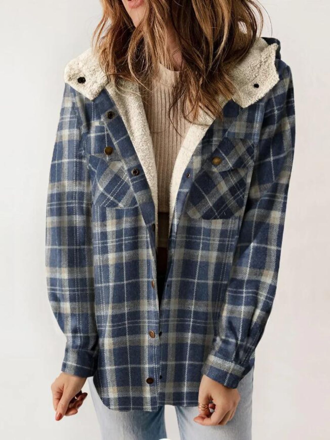 Hazel Blues® |  Plaid Snap Down Plush Hooded Jacket