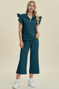 Hazel Blues® |  Double Take Texture Ruffle Short Sleeve Top and Wide Leg Pants Set