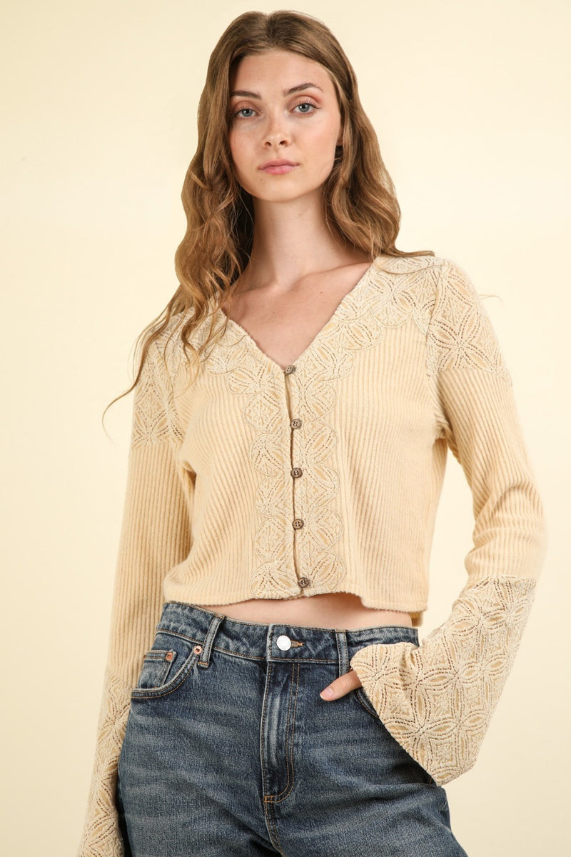 Hazel Blues® |  VERY J V-Neck Lace Detail Button Down Crop Ribbed Knit Top