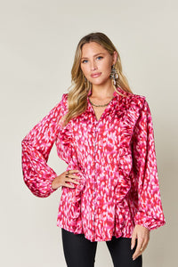 Hazel Blues® |  Double Take Printed Ruffle Trim Balloon Sleeve Shirt