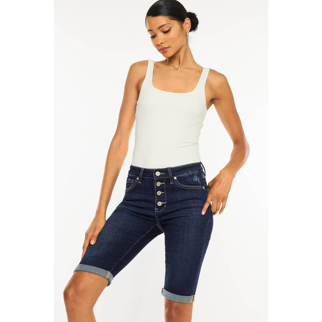 Hazel Blues® |  Kan Can High Rise Fly Button Bermuda Shorts: Dark Wash