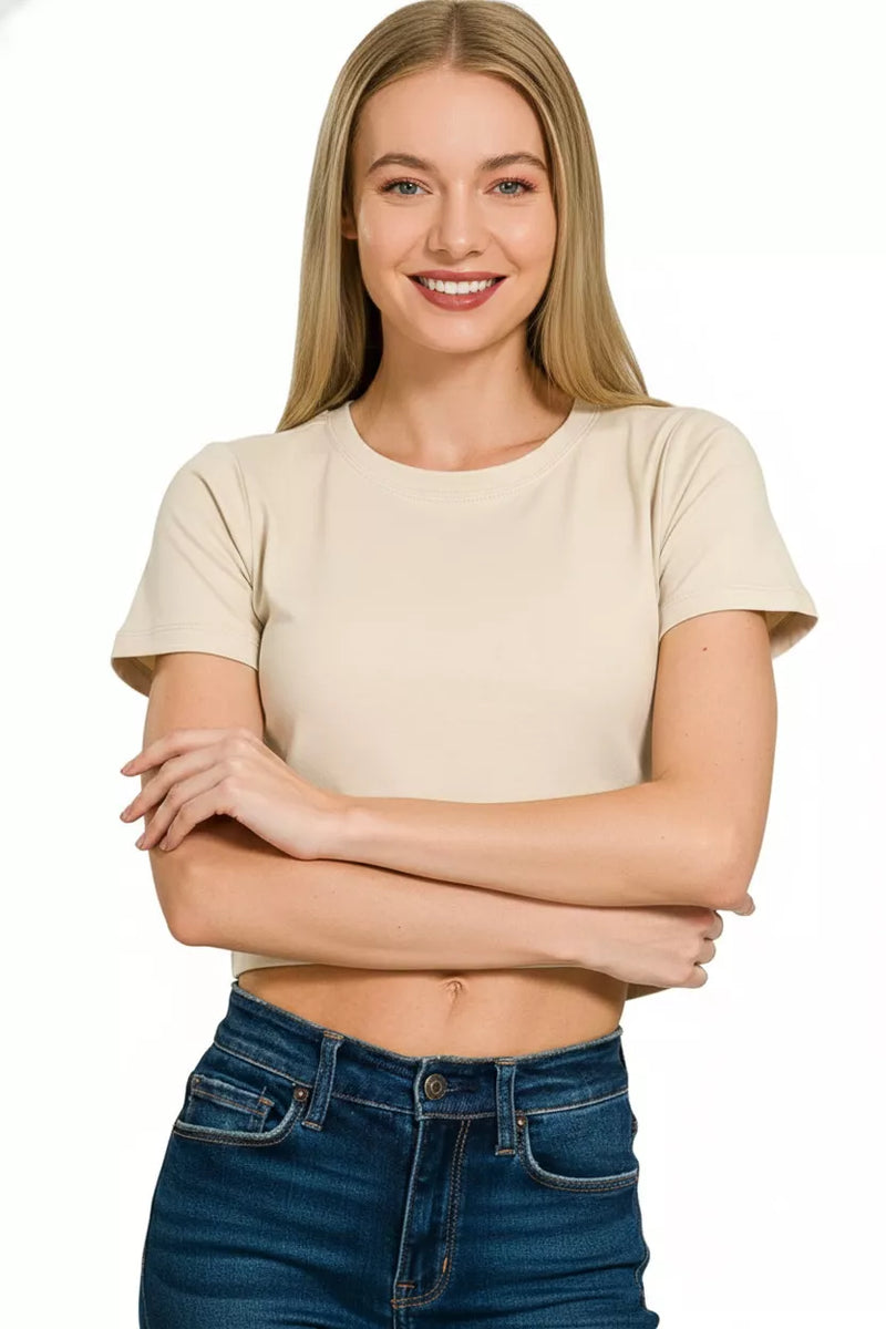 Hazel Blues® | Zenana Cotton Short Sleeve Round Neck Cropped Top