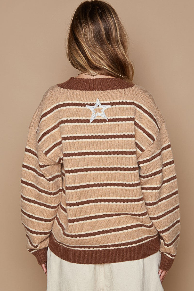 Hazel Blues® |  POL Star Patch Stripe Round Neck Sweater