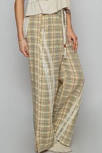 Hazel Blues® |  POL Lace Trim Drawstring Checkered Wide Leg Pants