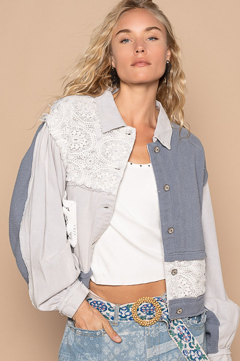 Hazel Blues® |  POL Crochet Patch Exposed Seam Button Up Jacket