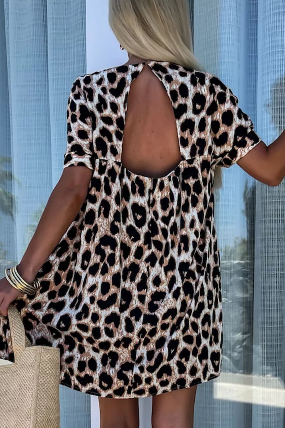 Hazel Blues® |  Cutout Back Leopard V-Neck Short Sleeve Mini Dress