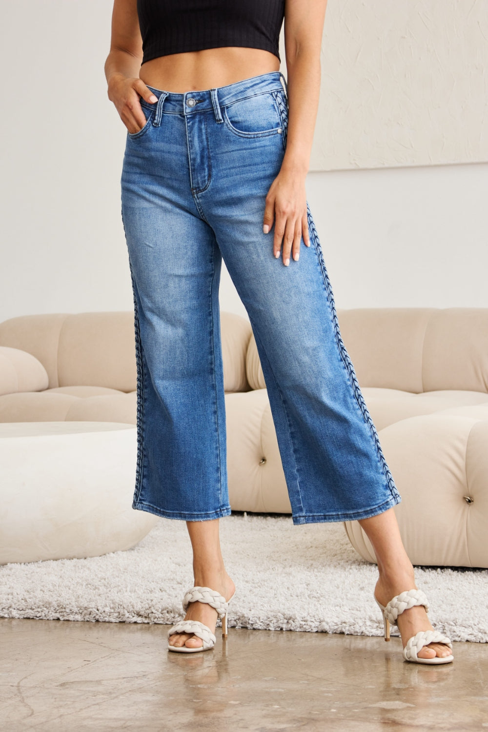 Hazel Blues® |  Judy Blue Braid Side Detail Wide Leg Jeans