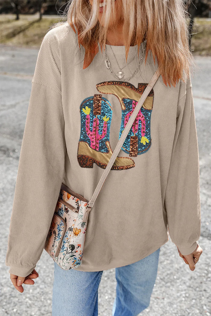 Hazel Blues® |  Sequin Boots Round Neck Long Sleeve Sweatshirt