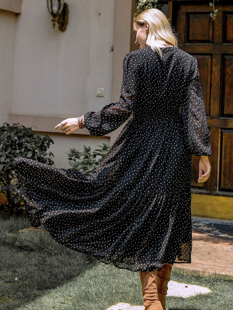 Hazel Blues® |  Embroidered Polka Dot Tie Neck Long Sleeve Midi Dress