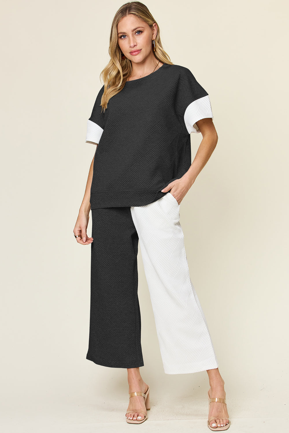 Hazel Blues® |  Double Take Texture Contrast T-Shirt and Wide Leg Pants Set