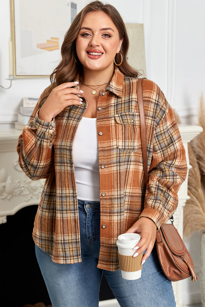 Hazel Blues® | Brown Plaid Print Flap Pocket Buttoned Shacket