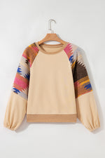 Hazel Blues® |  Light French Beige Aztec Patchwork Raglan Pullover Sweatshirt