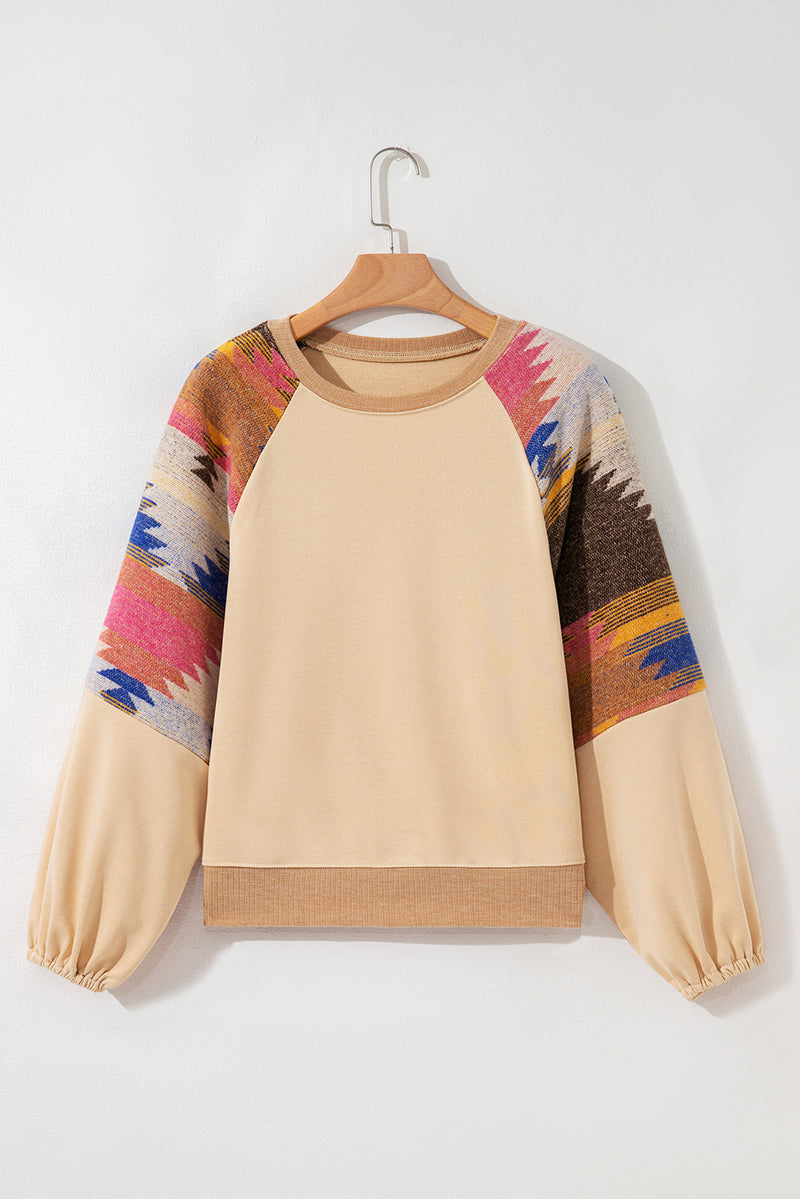 Hazel Blues® |  Light French Beige Aztec Patchwork Raglan Pullover Sweatshirt