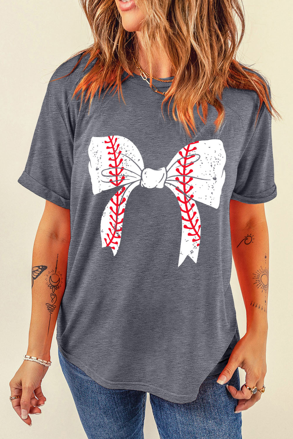 Hazel Blues® |  Gray Baseball Bowknot Graphic Casual Tee