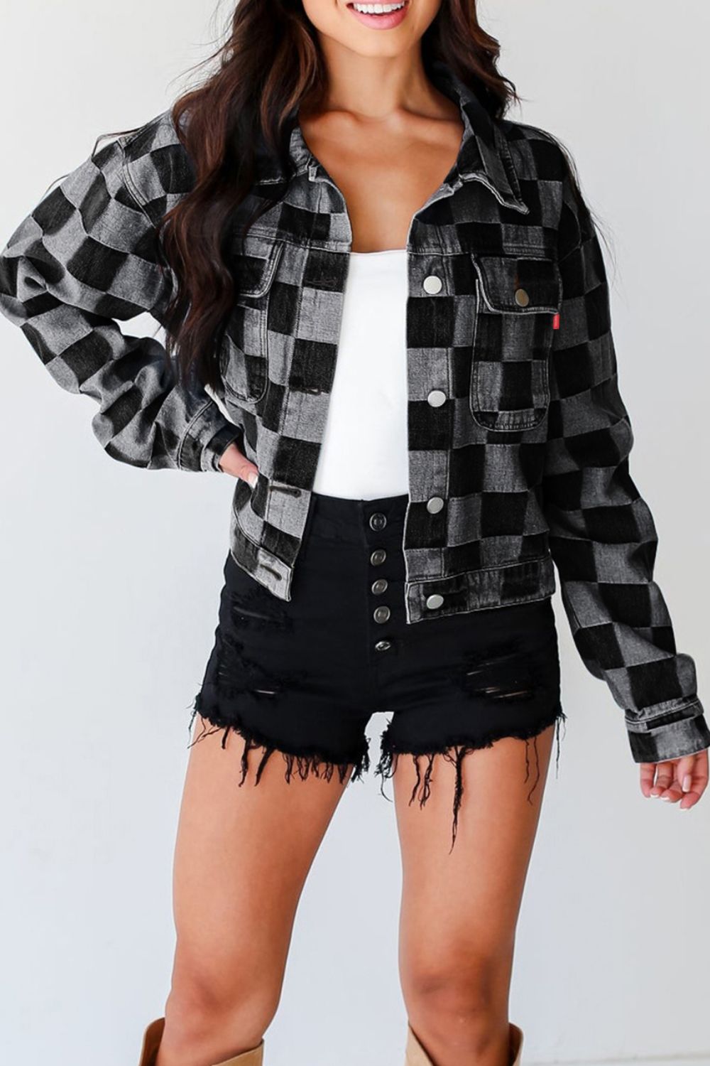 Hazel Blues® |  Checkered Button Up Denim Jacket