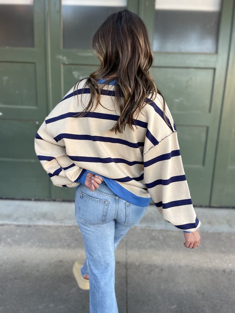 Hazel Blues® |  Contrast Trim Cardigan in Navy Stripe