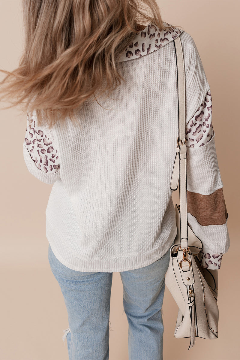 Hazel Blues® |  White game day Football Bow Embroidered Graphic Leopard Collar Color Block Patchwork Top