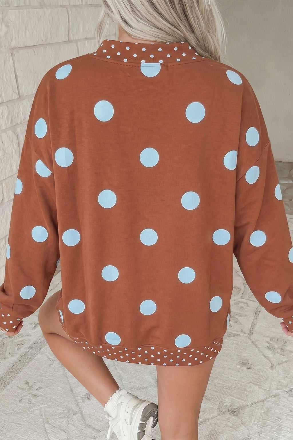 Brown Polka-Dot Print Contrast Detail Oversized Tunic Sweatshirt