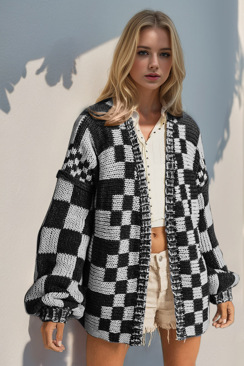 Hazel Blues® |  Double Take Open Front Checkered Drop Shoulder Cardigan