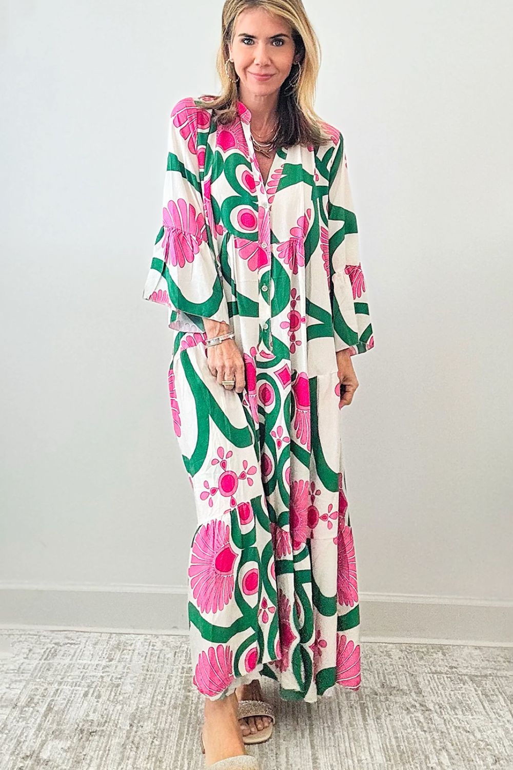 Hazel Blues® |  Printed Notched Long Sleeve Maxi Dress