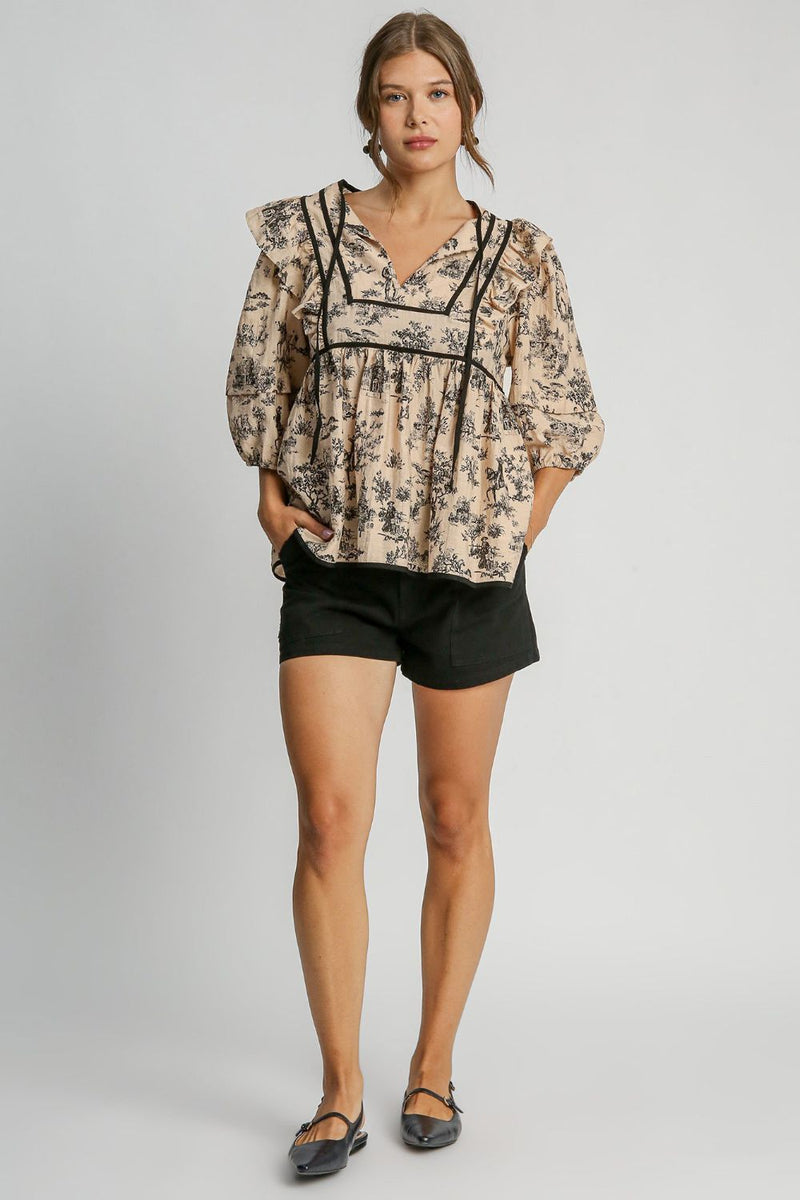 Hazel Blues® |  Umgee Ruffled Tie Neck Puff Sleeve Babydoll Blouse