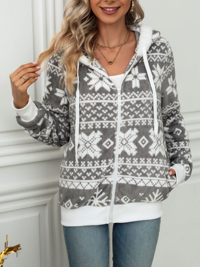 Hazel Blues® |  Drawstring Snowflake Zip Up Hooded Outerwear