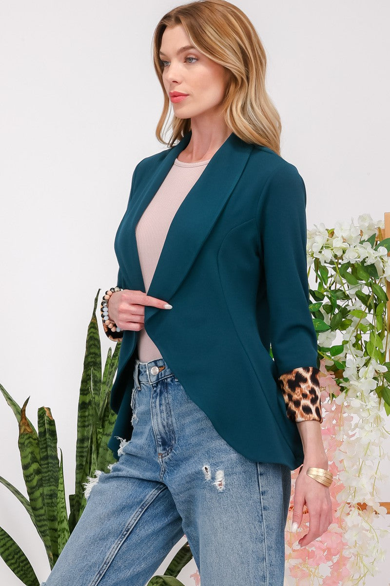 Hazel Blues® |  Celeste Rolled Leopard Cuff Open Front Blazer