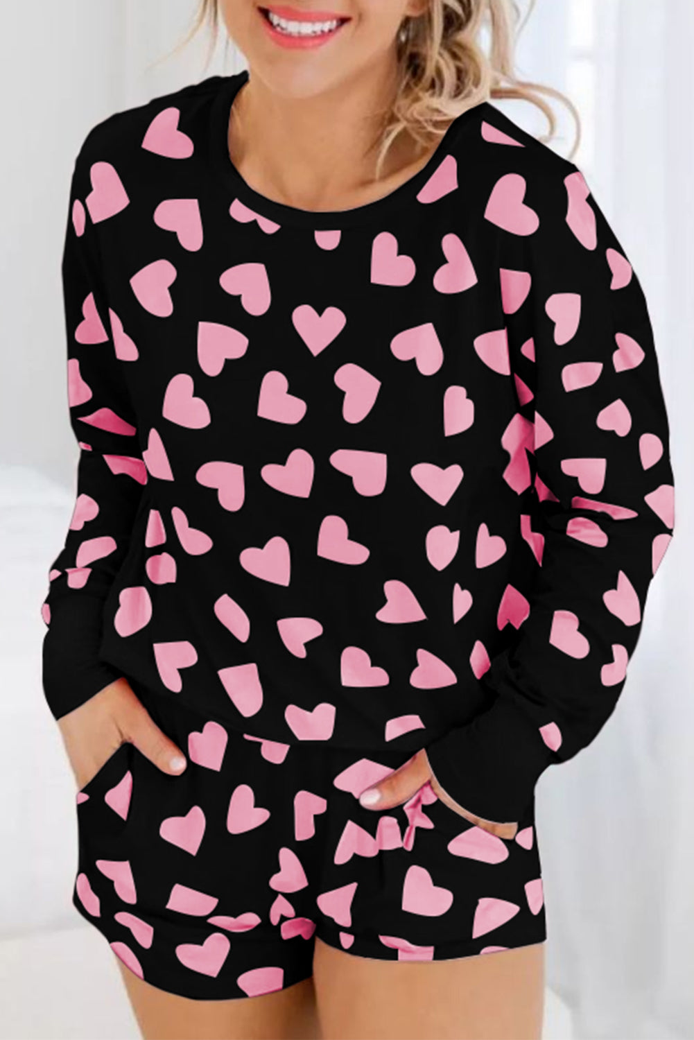 Hazel Blues® |  Heart Print Long Sleeve Top and Shorts Lounge Set