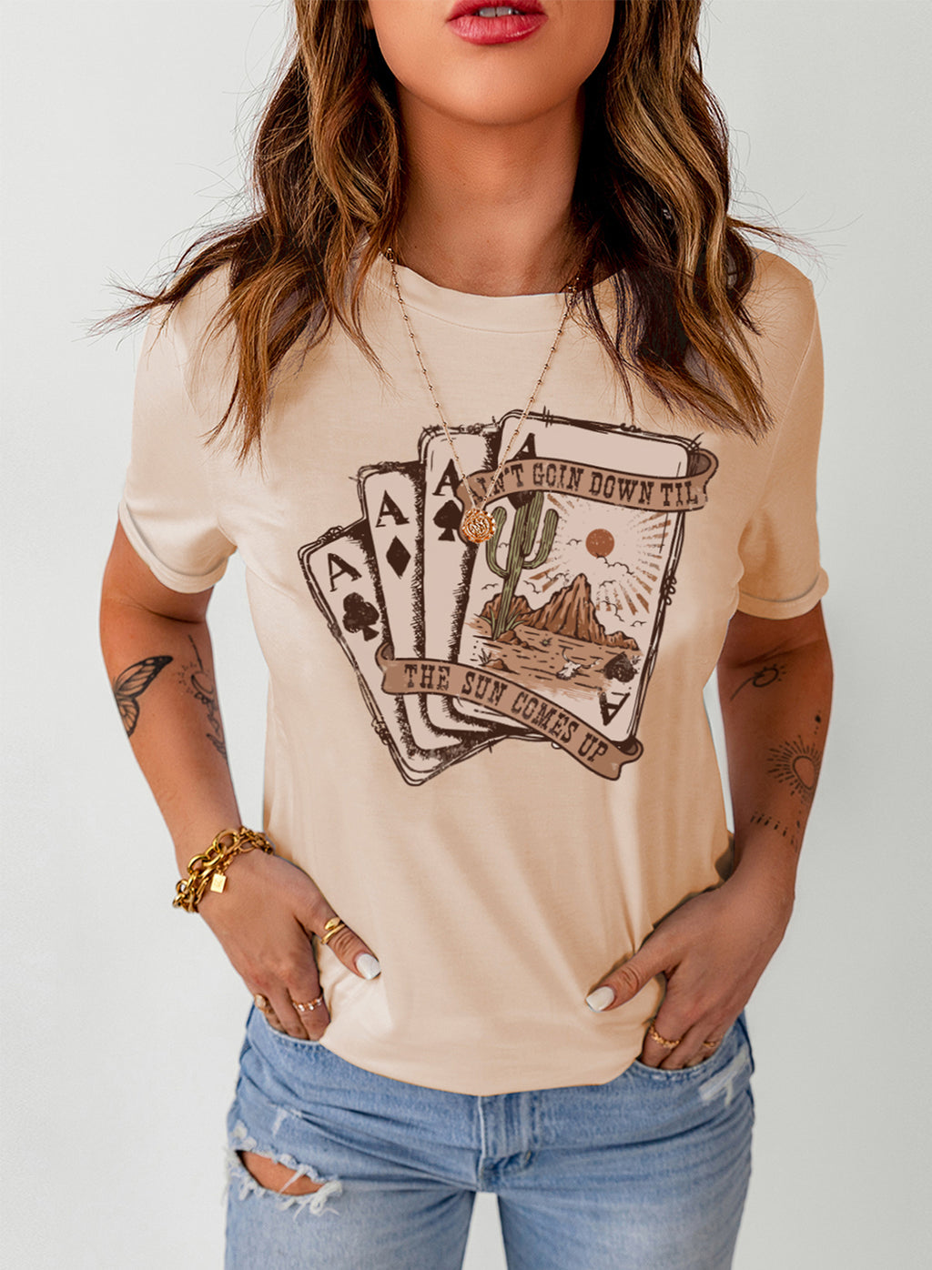 Khaki Western Poker Cards Graphic T-Shirt