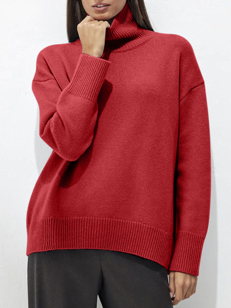 Hazel Blues® |  Ribbed Detail Turtleneck Dropped Shoulder Sweater