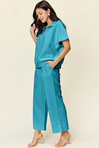 Hazel Blues® |  Double Take Texture Half Zip Short Sleeve Top and Pants Set