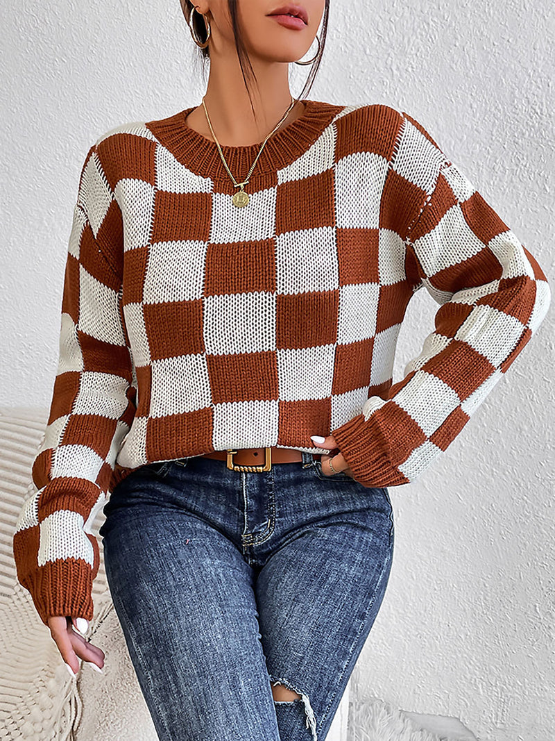 Hazel Blues® |  Checkered Round Neck Sweater