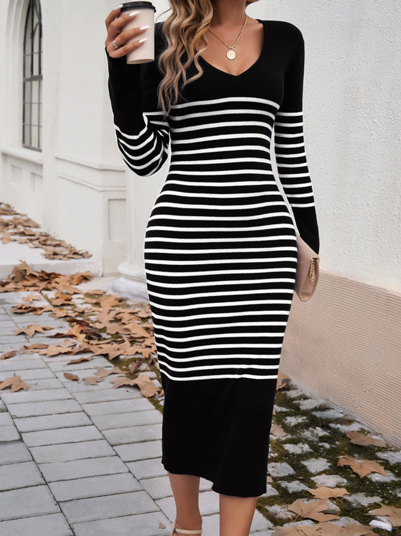 Hazel Blues® |  Striped V-Neck Long Sleeve Sweater Dress