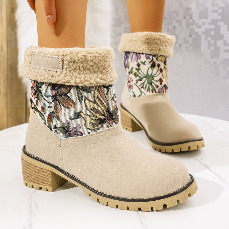 Hazel Blues® |  Embroidered Faux Fur Block Heel Boots