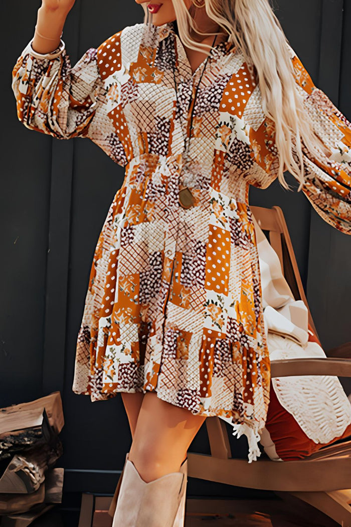 Hazel Blues® |  Printed Collared Neck Three-Quarter Sleeve Mini Shirt Dress