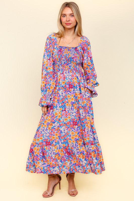 Hazel Blues® |  Haptics Smocked Floral Square Neck Flounce Sleeve Dress