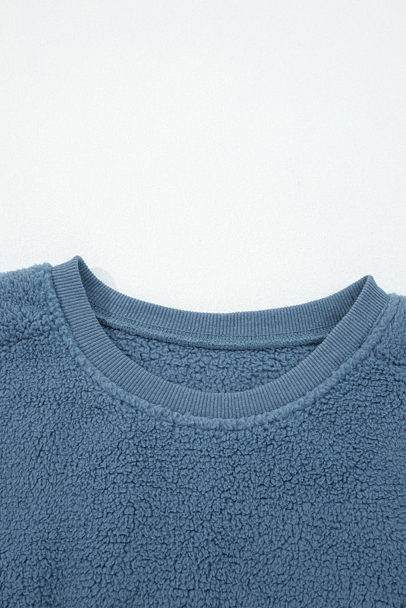 Hazel Blues® |  Sail Blue Fleece Drop Shoulder Exposed Seam Patchwork Casual Sweatshirt