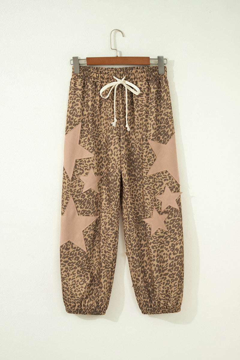 Gray Leopard Print Star Patched Drawstring Elastic Waist Jogger