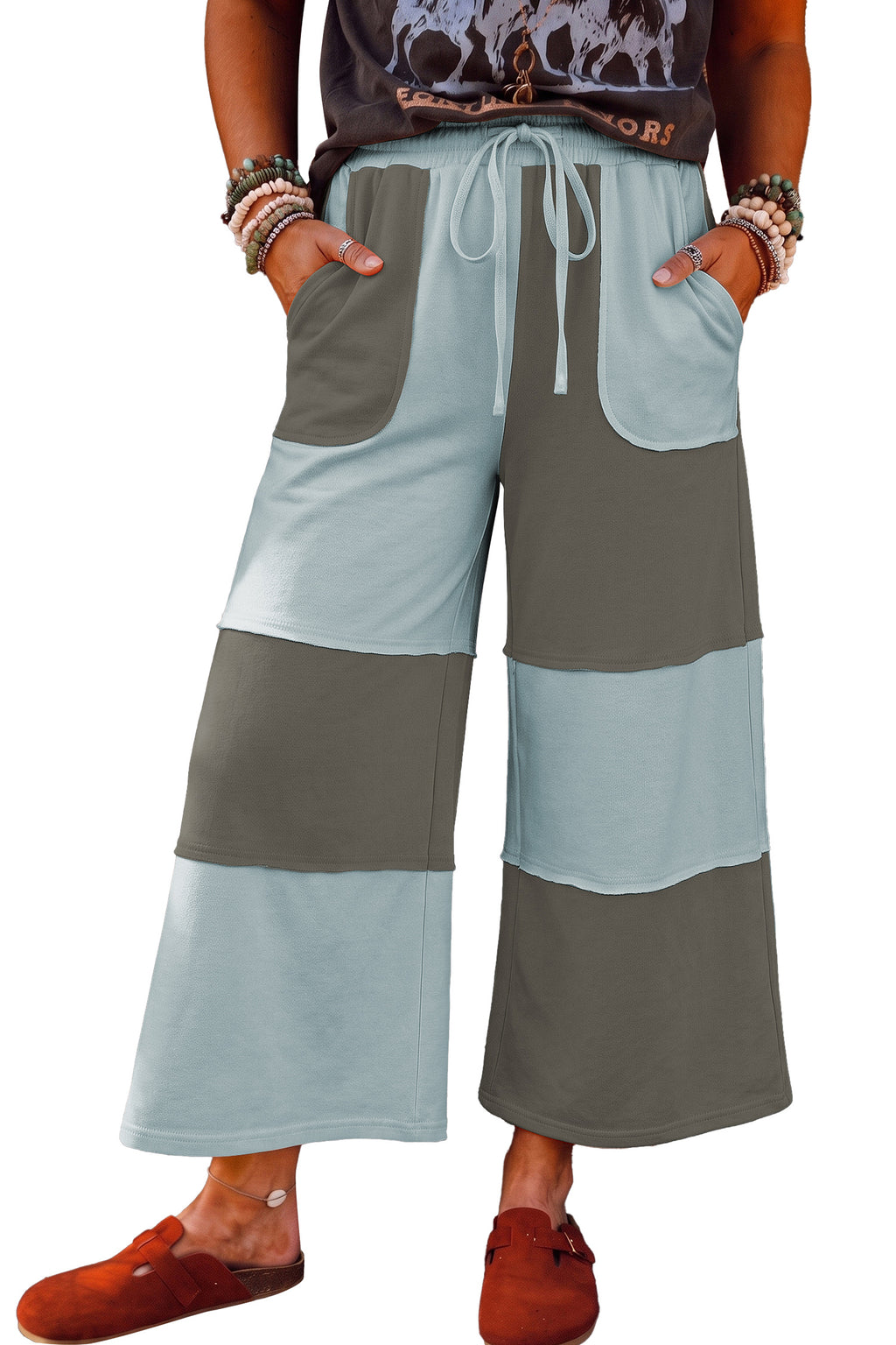 Violet Faith Blue Raw Seam Color-Block Wide-Leg Ankle Length Casual Pants