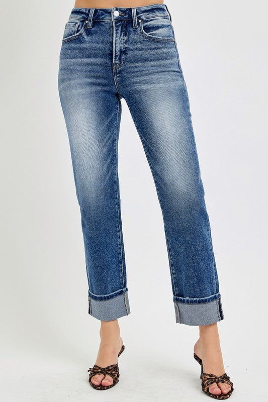 Hazel Blues® |  RISEN High Rise Crop Straight Roll Up Jeans